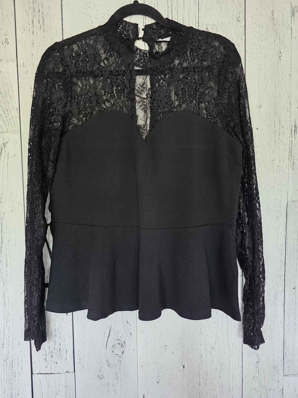 Revamped Black Lace Peplum Top Mock Neck Sweetheart Blouse Est. XL - Picture 7 of 11